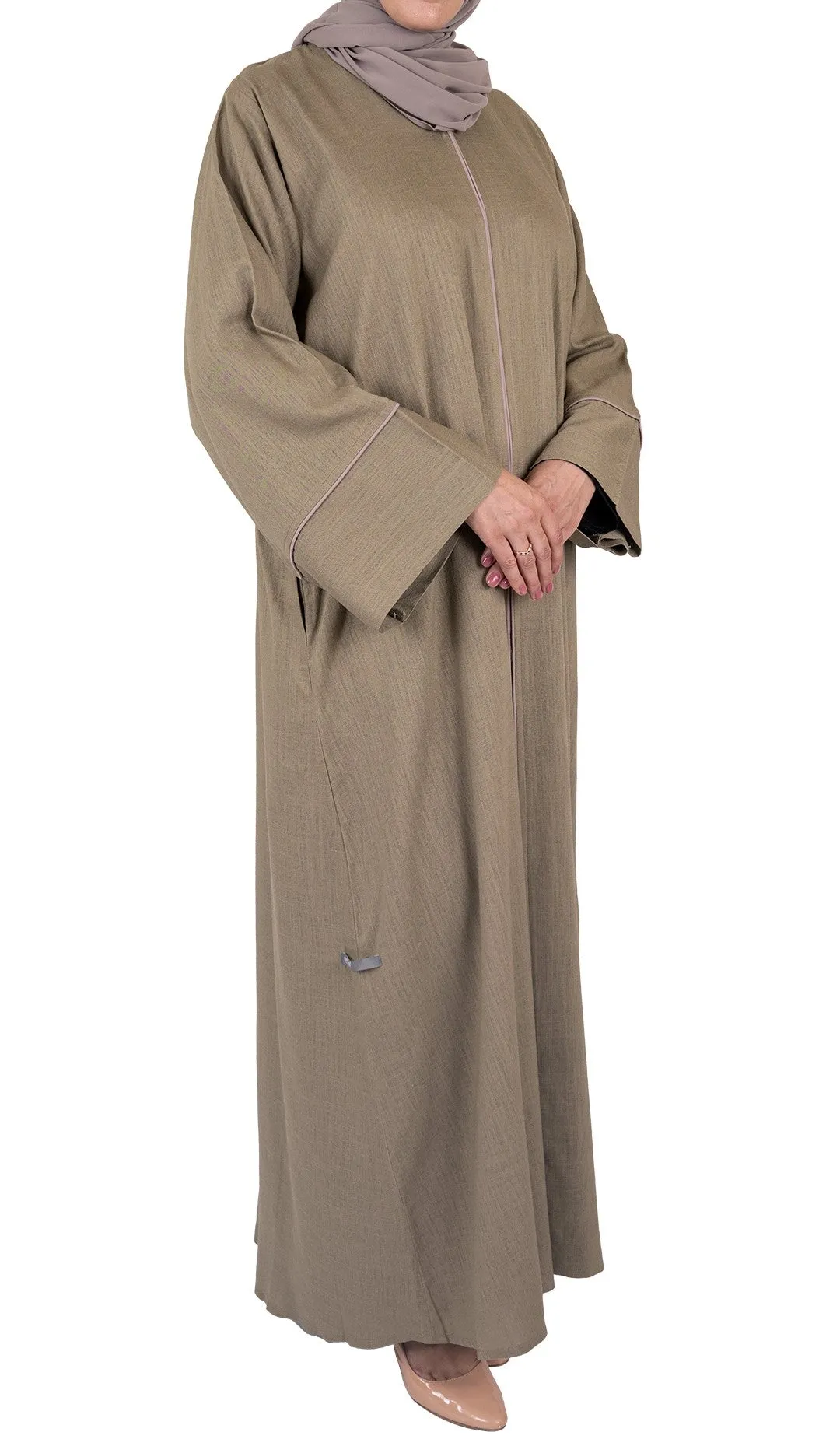 Pure Soft Premium Linen Abaya with Contrast Piping - Mocha