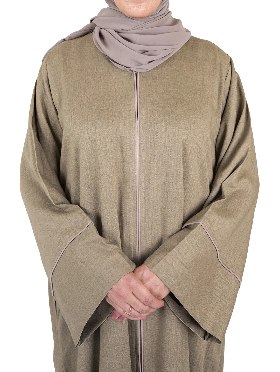 Pure Soft Premium Linen Abaya with Contrast Piping - Mocha