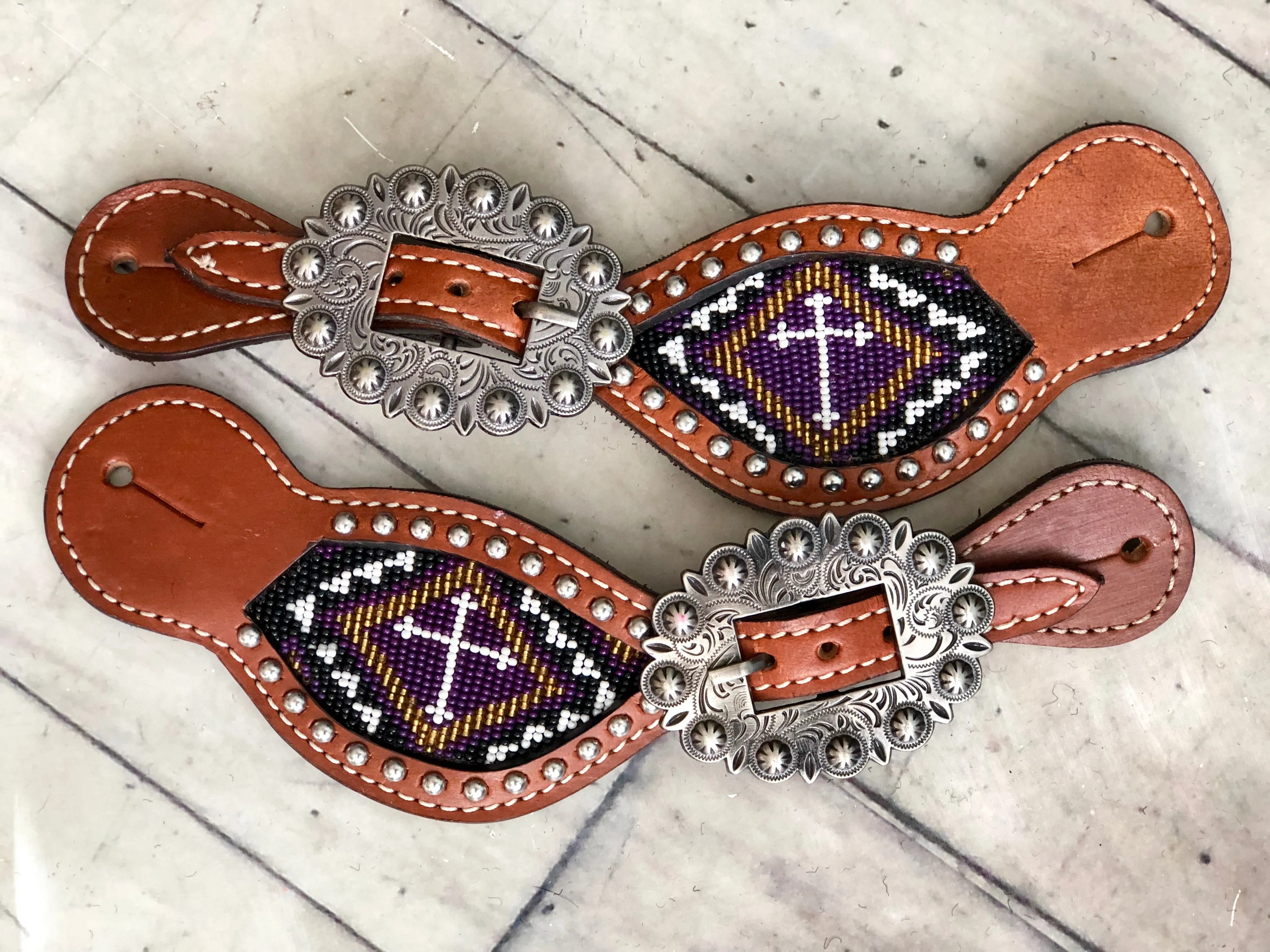Purple Cross Beaded Inset Spur Straps