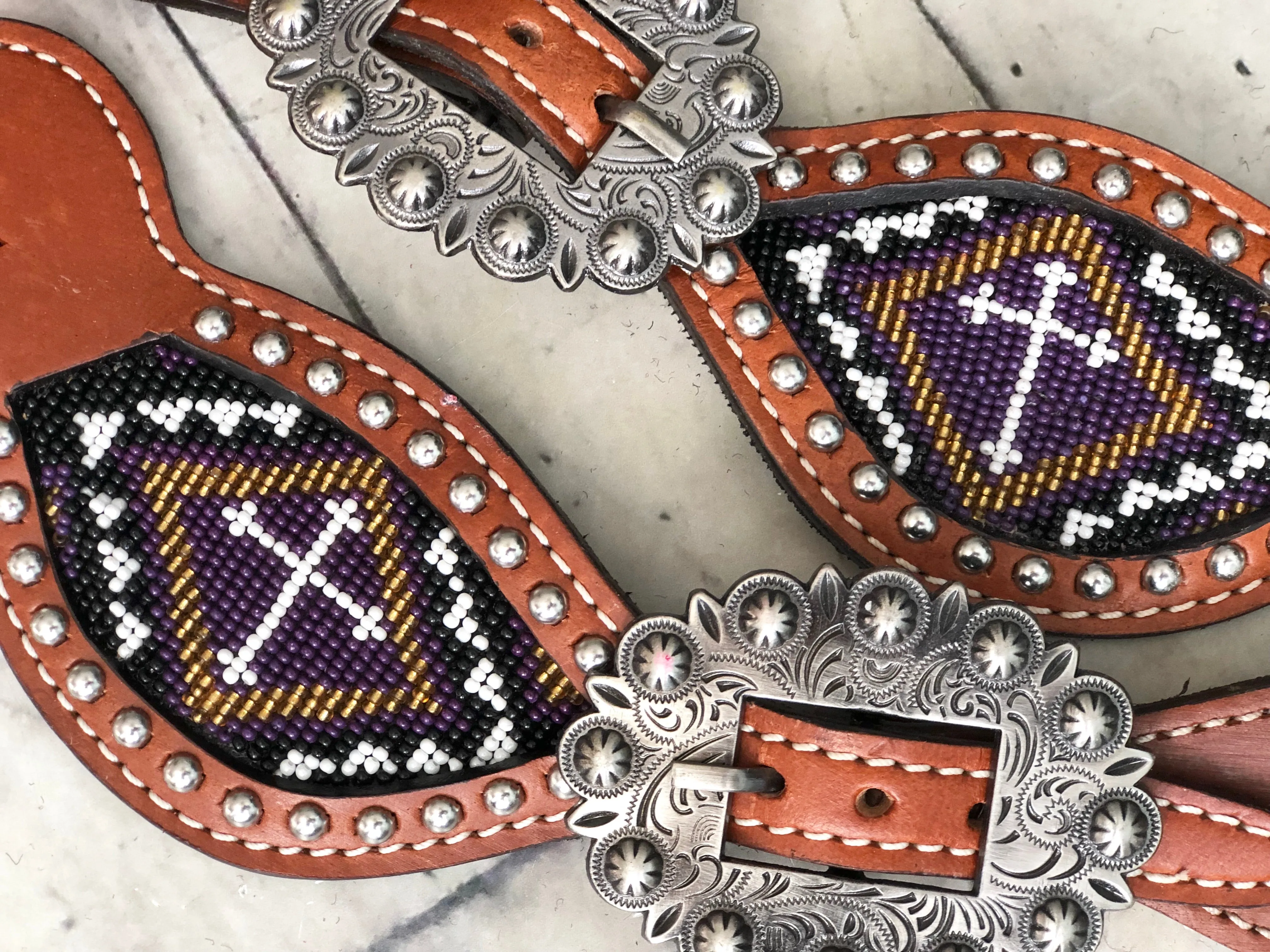 Purple Cross Beaded Inset Spur Straps