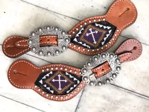 Purple Cross Beaded Inset Spur Straps