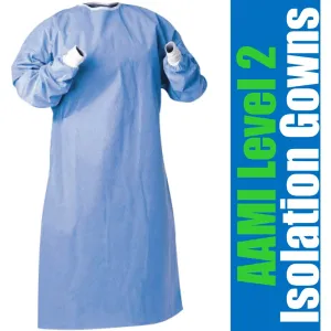 Quality AAMI Level 2 Isolation Gowns / Blue / Sizes L, X-Large, 2X-Large / 10 per Bag, 10 Bags per Case = 100 Disposable Gowns