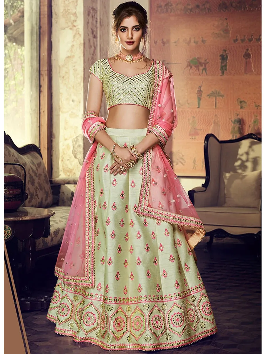 Raas Mint Green Embroidered Handloom Silk Lehenga