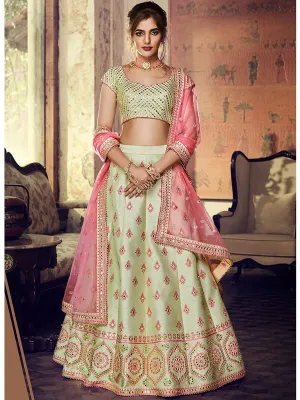 Raas Mint Green Embroidered Handloom Silk Lehenga