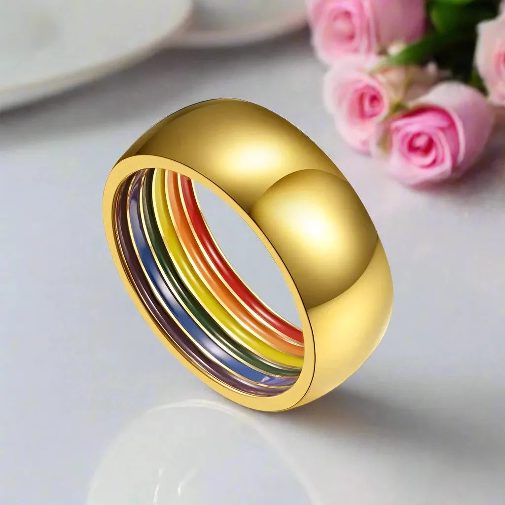 Rainbow Color Dome Stainless Steel Wedding Band
