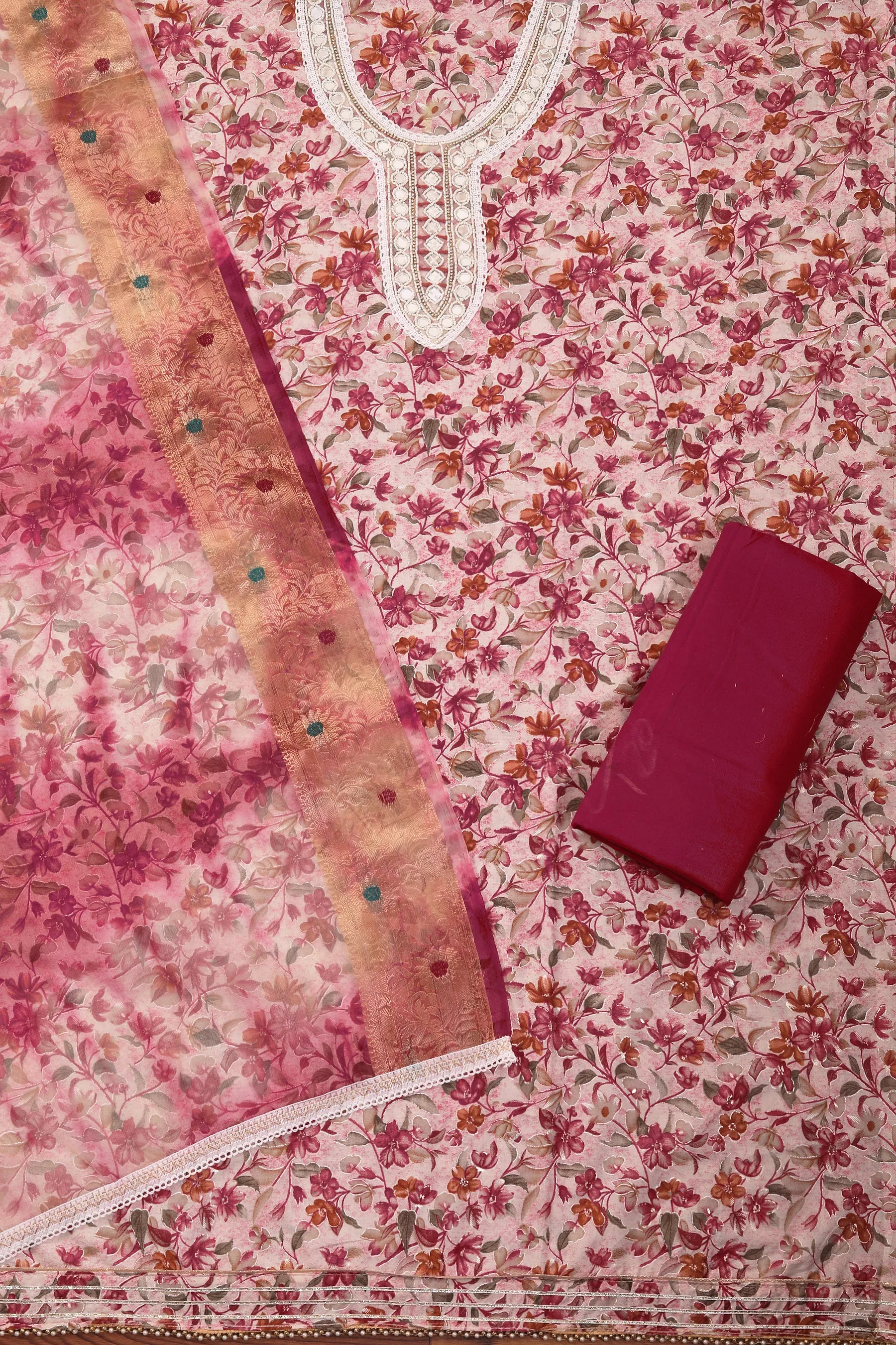 Rani Embellished Cotton Blend Dress Material with Dupatta