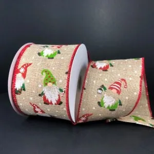 Red and Green Gnomes Natural Linen Ribbon
