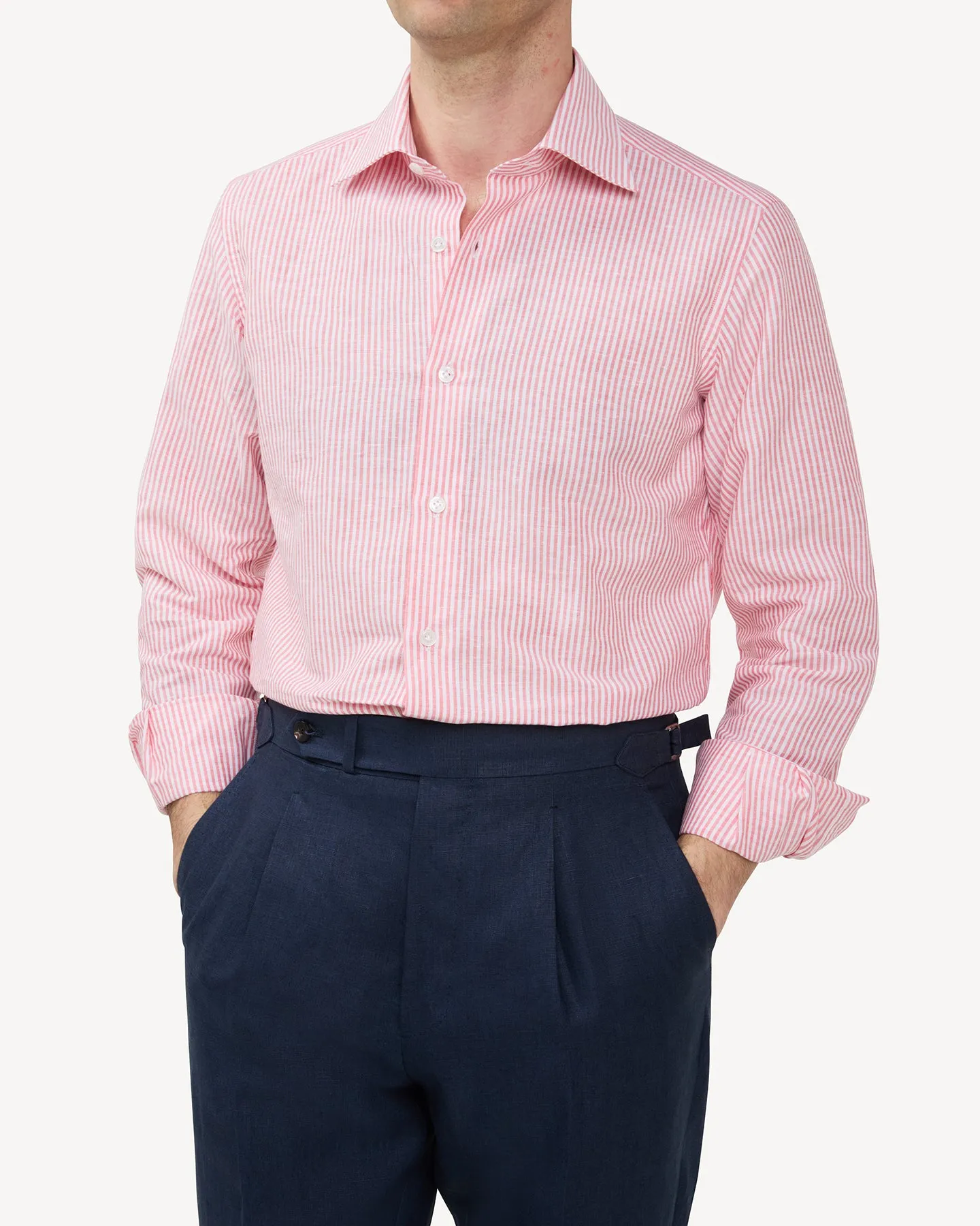 Red Bengal Stripe Cotton Linen Spread Collar Shirt