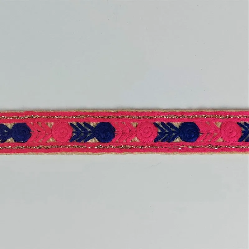 Red fuchsia & blue Indian embroidered saree border - Banarasi border
