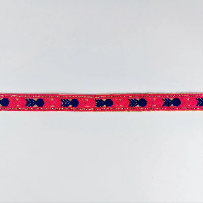 Red fuchsia & blue Indian embroidered saree border - Banarasi border