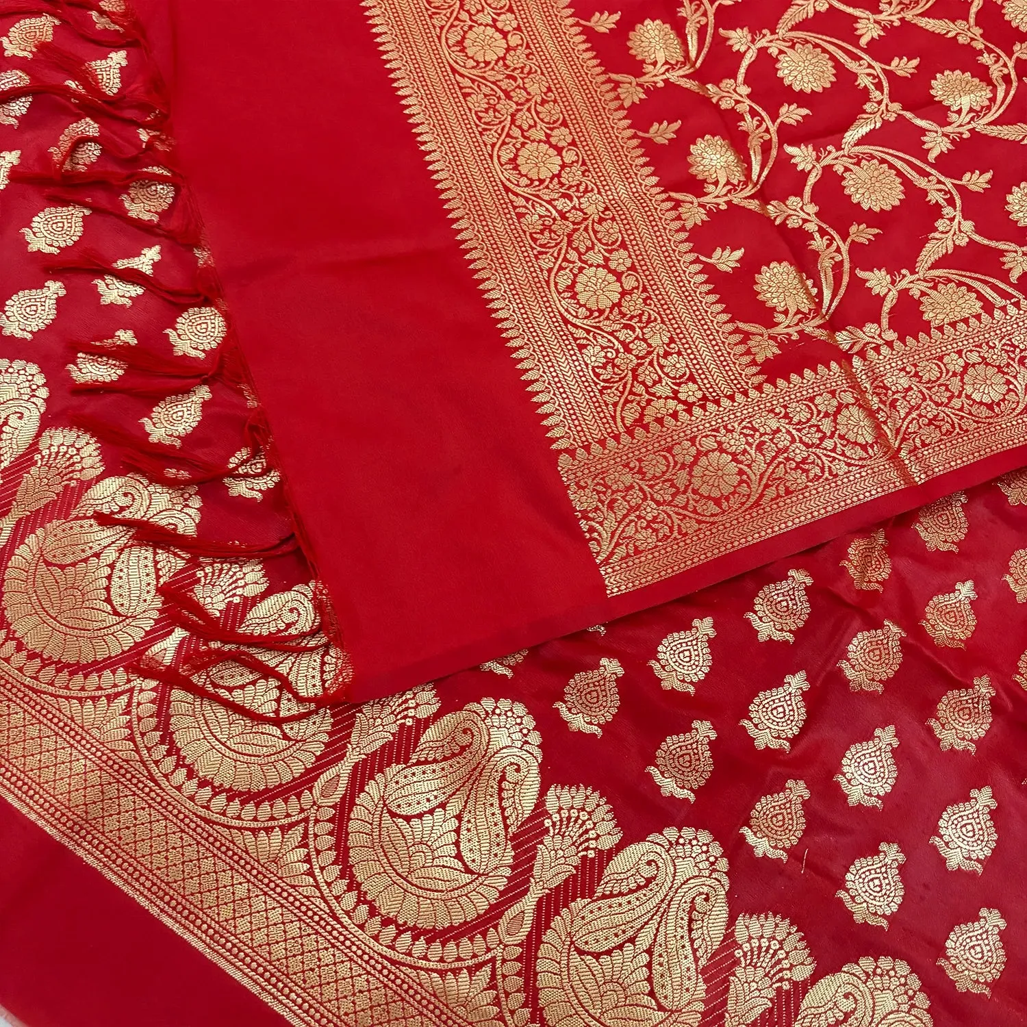 Red Gumbad Crown Satin Silk Banarasi Suit