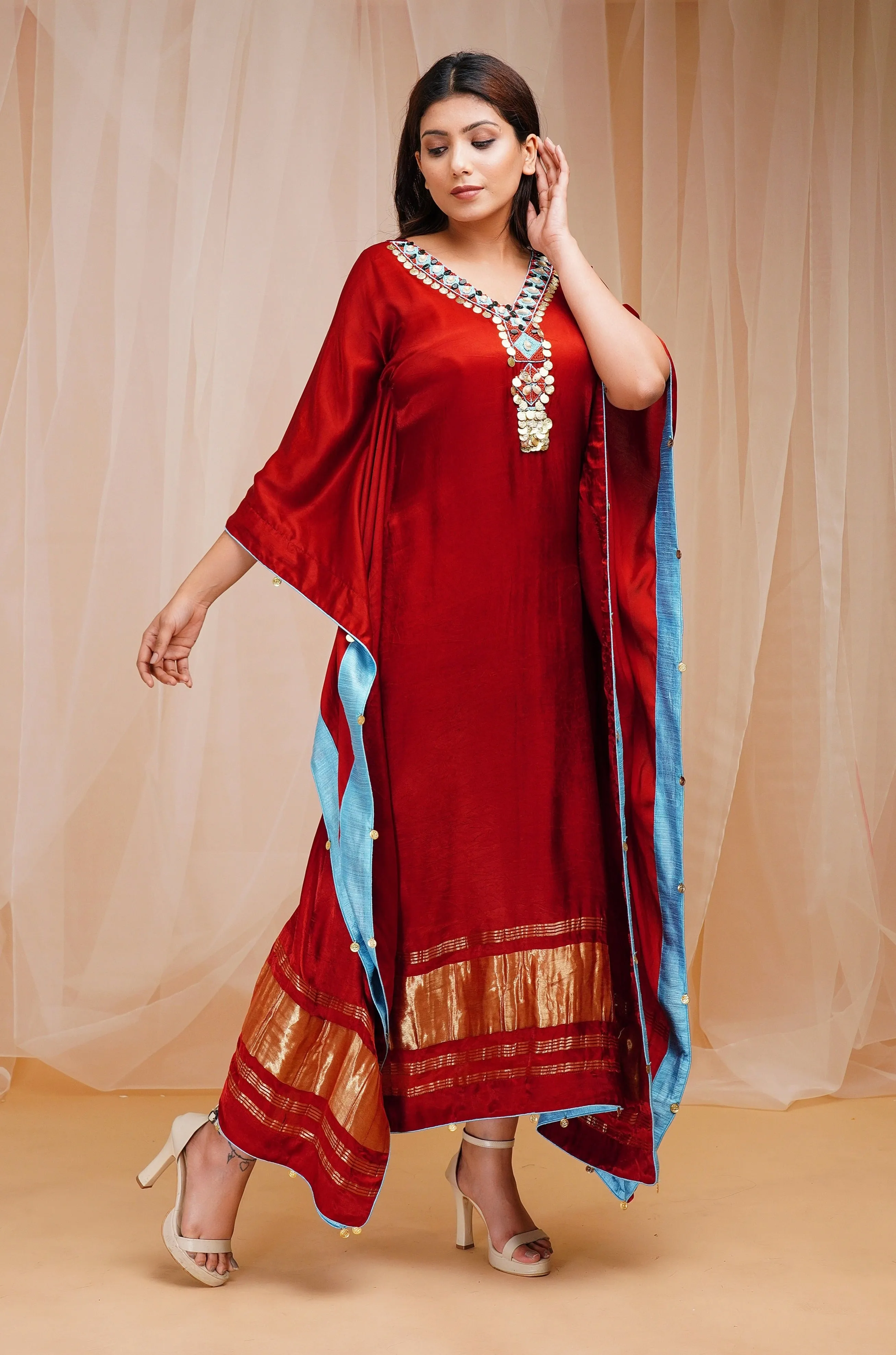 Red Rust Hand Embroidered Modal Satin Silk Kaftaan