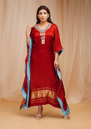 Red Rust Hand Embroidered Modal Satin Silk Kaftaan