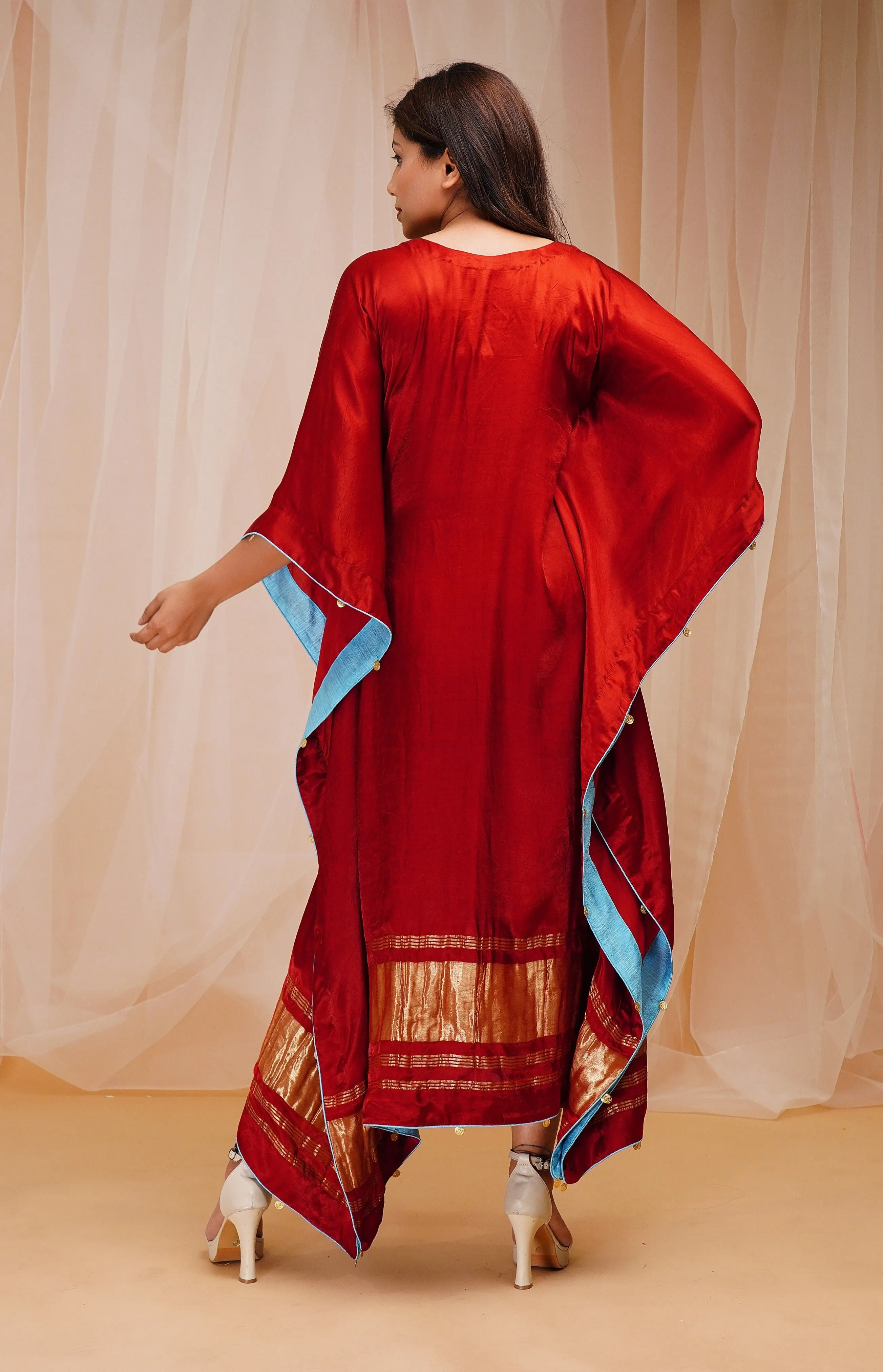 Red Rust Hand Embroidered Modal Satin Silk Kaftaan