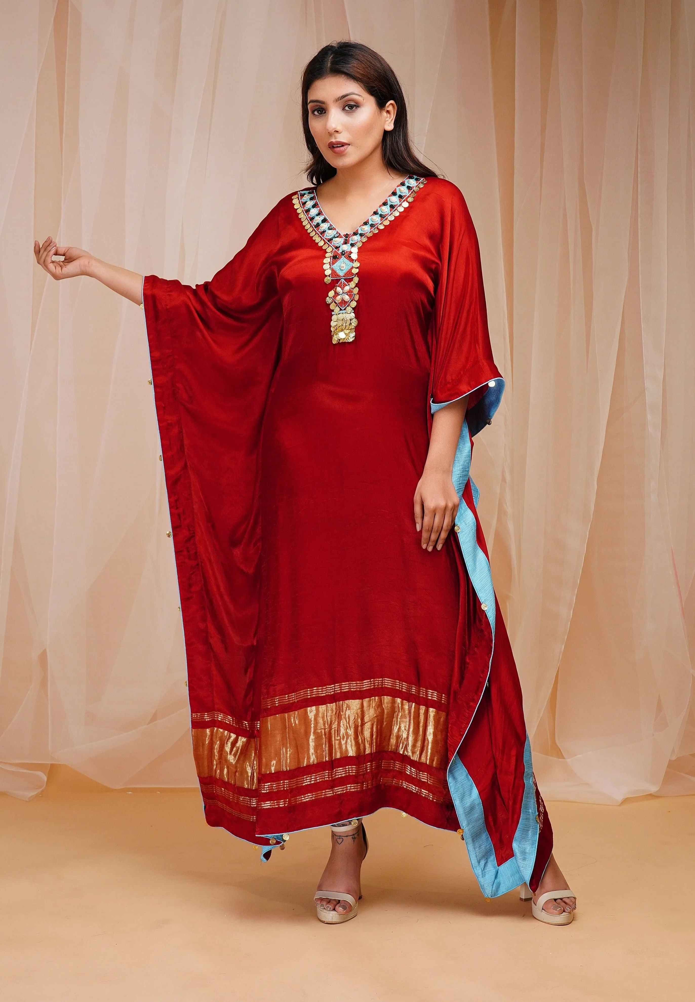 Red Rust Hand Embroidered Modal Satin Silk Kaftaan