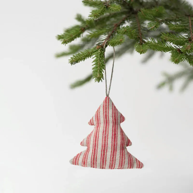 Red Stripes Linen Ornaments - Set of 4