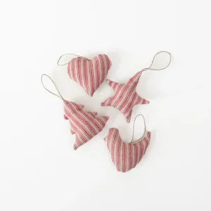 Red Stripes Linen Ornaments - Set of 4