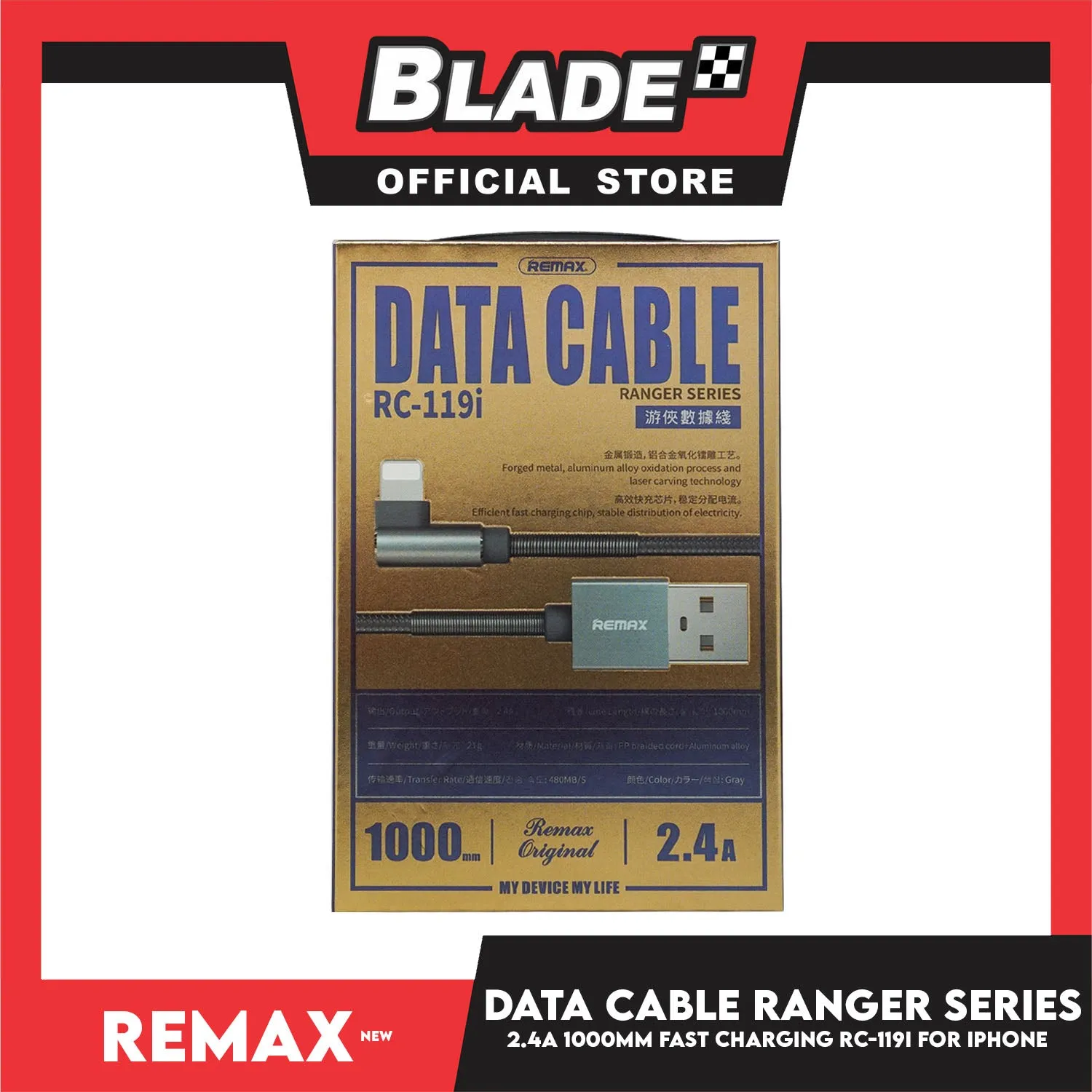 Remax Data Cable Ranger Series 2.4A 1000mm RC-119i for iOS(Gray) Compatible with iOS phone Xs Max/XR/X/8/8 Plus/7/7 /6/6S Plus/5S/5 & iPad Series