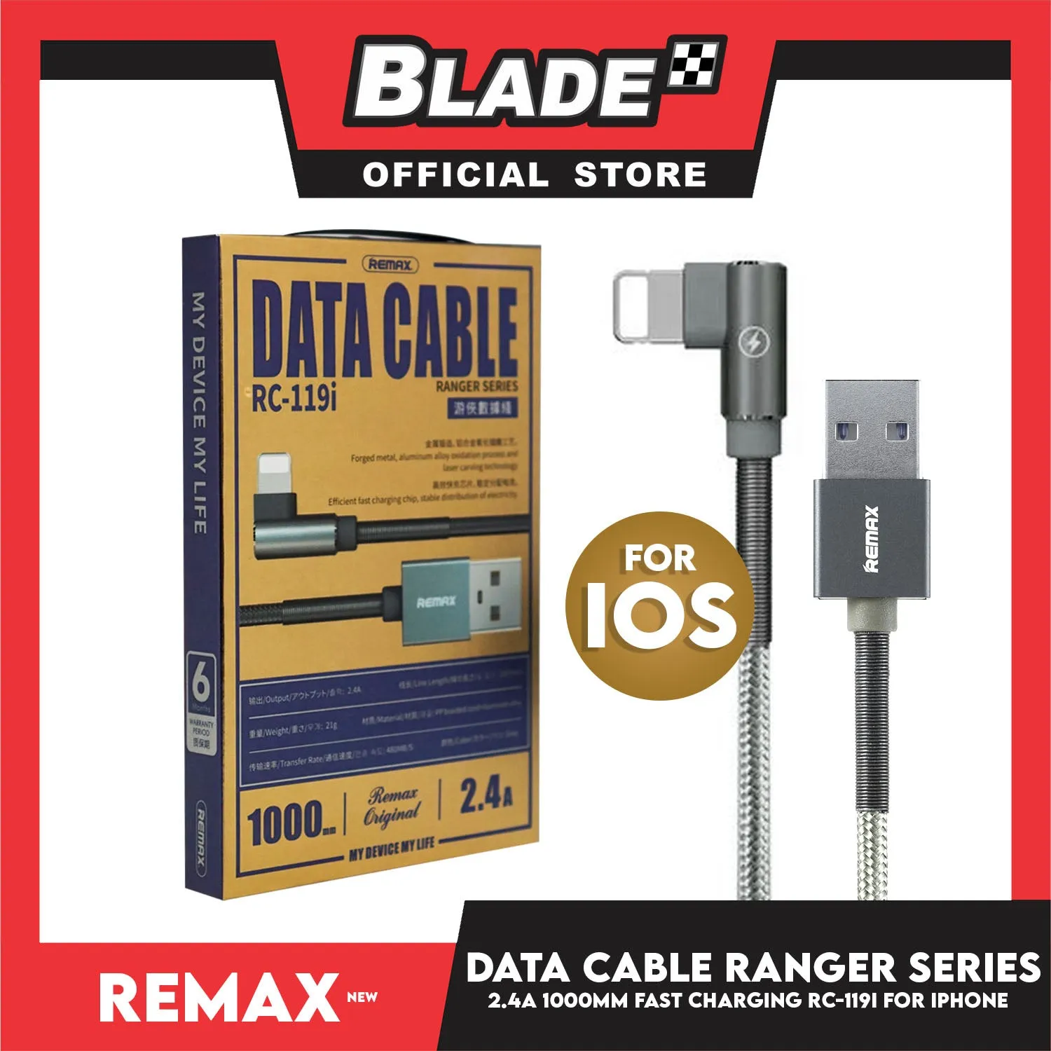 Remax Data Cable Ranger Series 2.4A 1000mm RC-119i for iOS(Gray) Compatible with iOS phone Xs Max/XR/X/8/8 Plus/7/7 /6/6S Plus/5S/5 & iPad Series