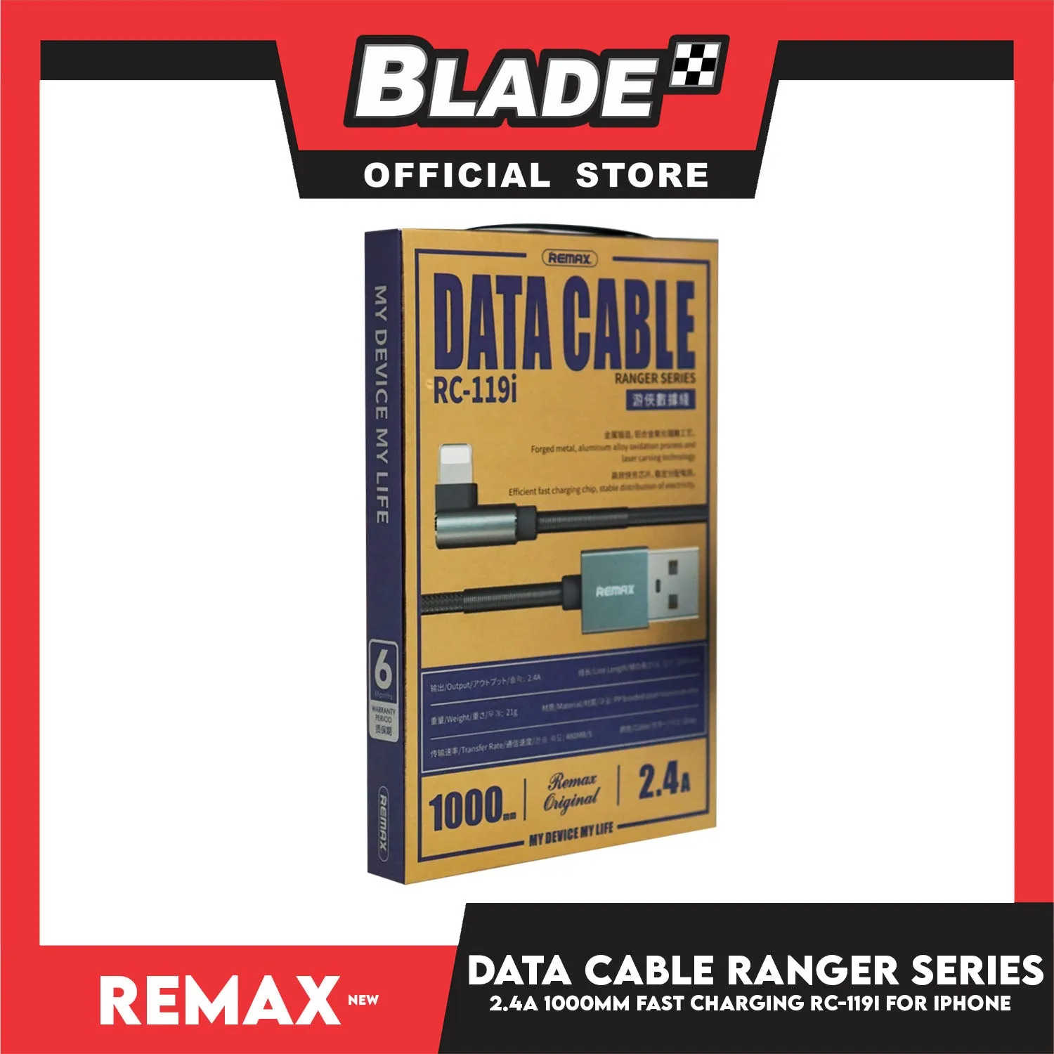 Remax Data Cable Ranger Series 2.4A 1000mm RC-119i for iOS(Gray) Compatible with iOS phone Xs Max/XR/X/8/8 Plus/7/7 /6/6S Plus/5S/5 & iPad Series