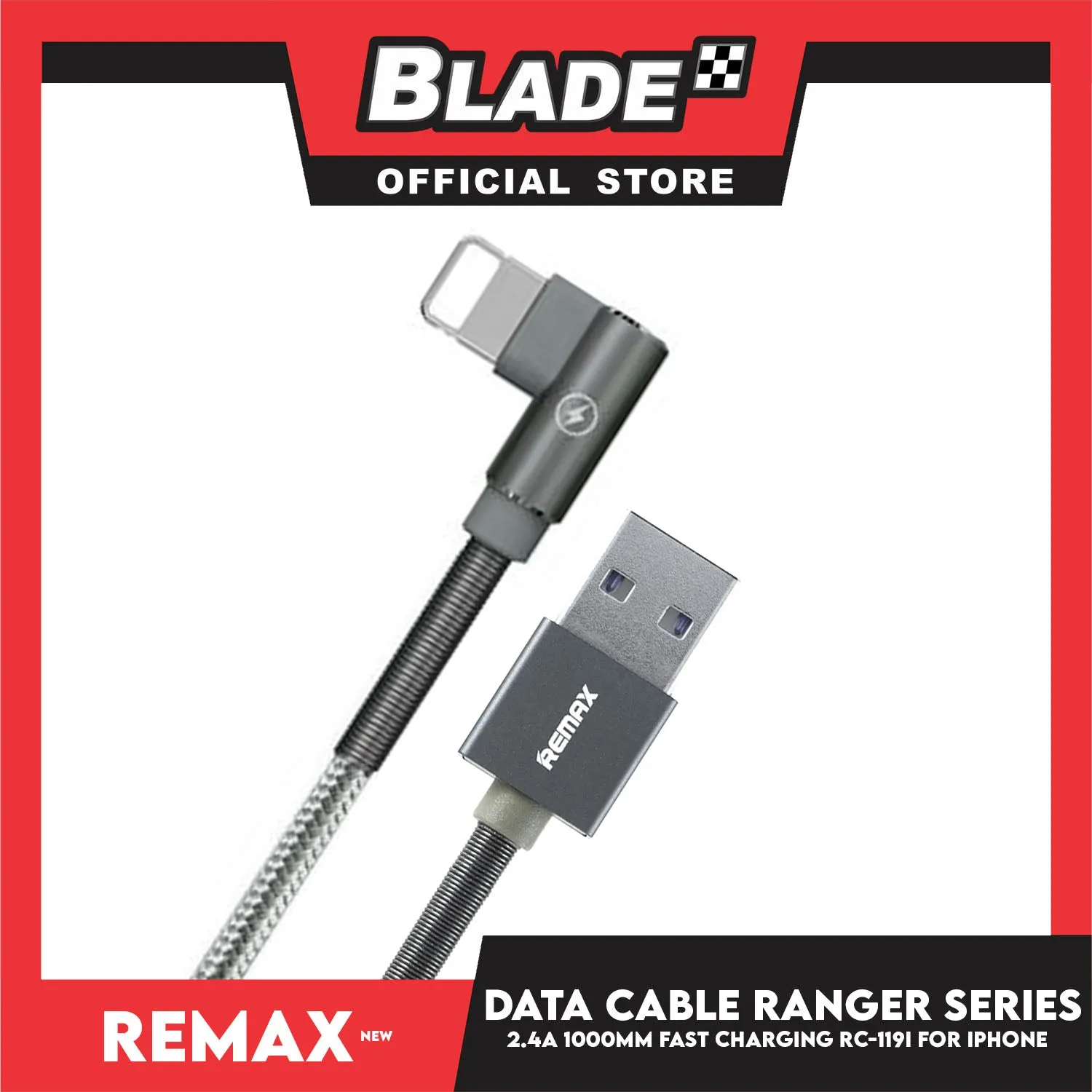 Remax Data Cable Ranger Series 2.4A 1000mm RC-119i for iOS(Gray) Compatible with iOS phone Xs Max/XR/X/8/8 Plus/7/7 /6/6S Plus/5S/5 & iPad Series