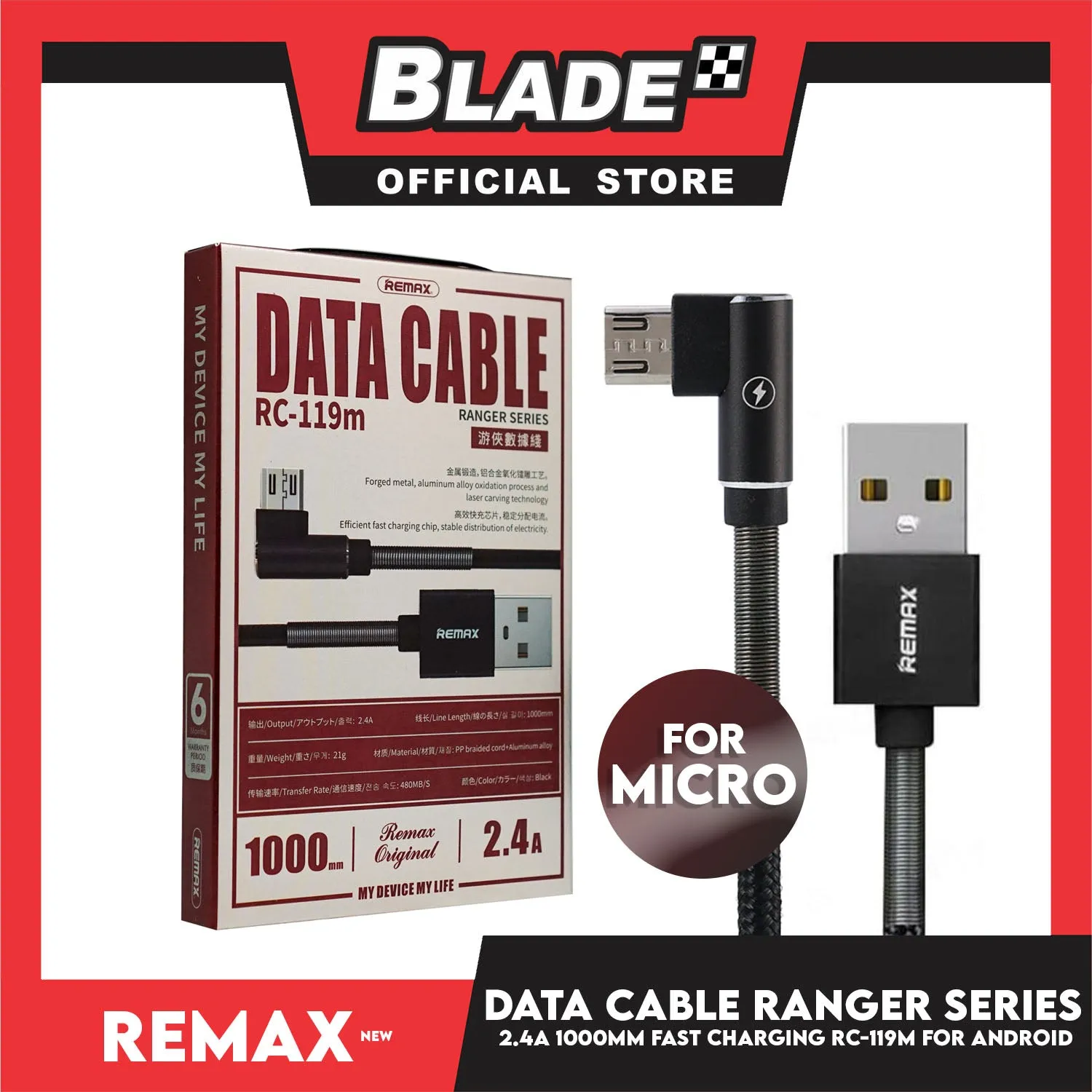 Remax Data Cable Ranger Series 2.4A 1000mm RC-119m for Android (Black) Compatible with Samsung Galaxy S7 Edge/S7/S6, HTC, LG, Sony, Xbox One, PS4 & More