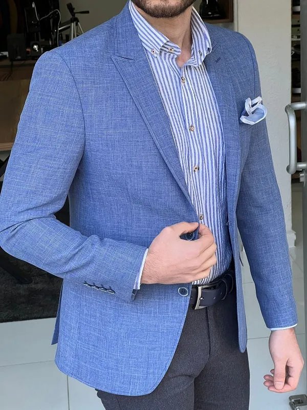 Rockford Blue Slim Fit Peak Lapel Crosshatch Linen Blazer