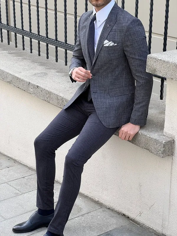Rockford Dark Gray Slim Fit Peak Lapel Crosshatch Linen Blazer