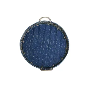 Round Rattan Tray Blue