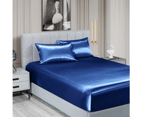 Royal Comfort Satin Sheet Set 3 Piece Fitted Flat Sheet Pillowcases - Navy Blue
