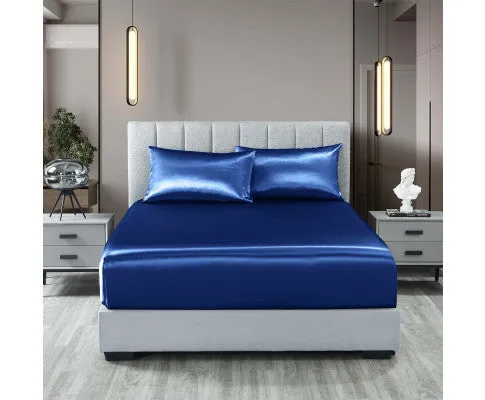 Royal Comfort Satin Sheet Set 3 Piece Fitted Flat Sheet Pillowcases - Navy Blue