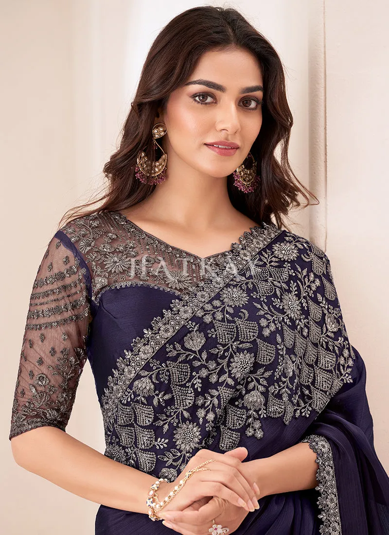 Royal Purple Embroidery Silk Saree