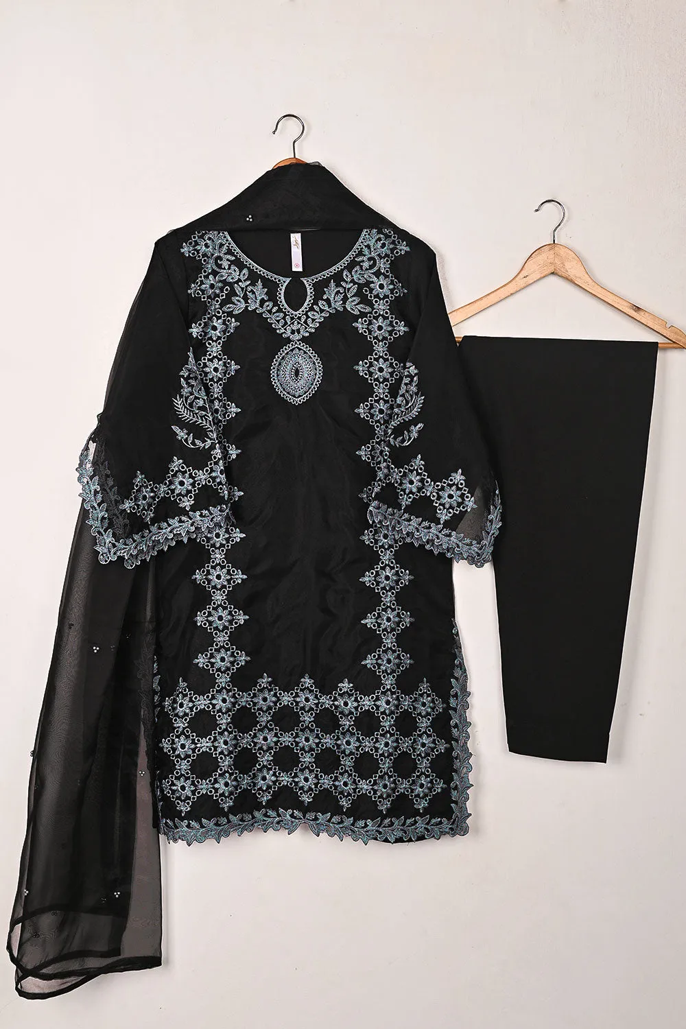 RTW-307-Black - 3Pc Ready to Wear Cut Work Embroidered Organza Dress