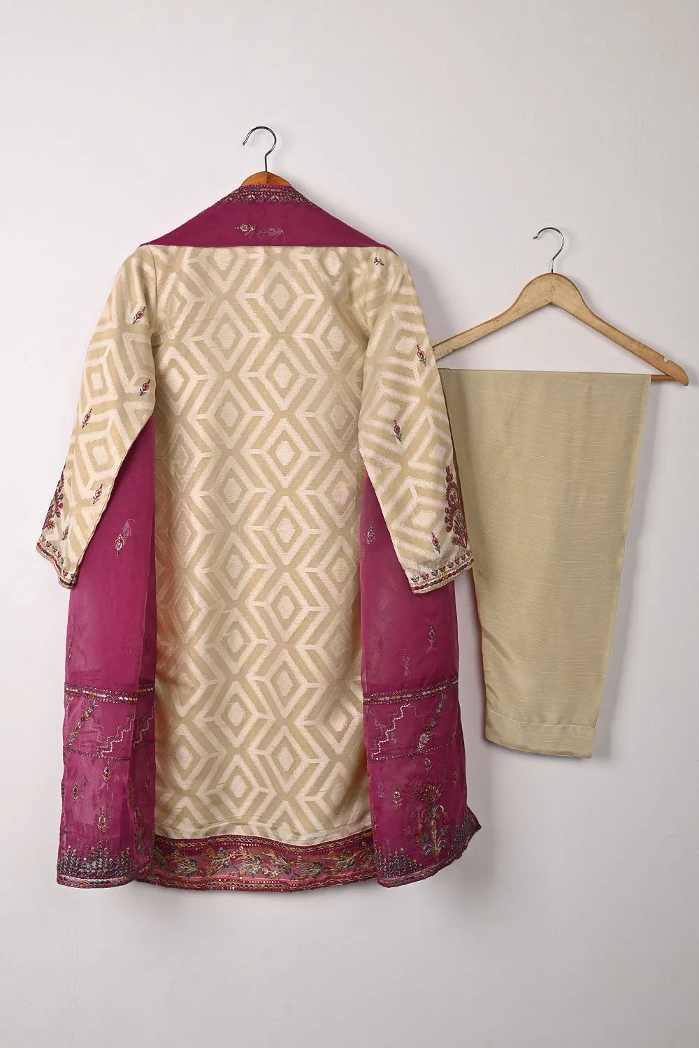 RTW-350-Beige - Womens 3Pc Ready to Wear Jacquard Mysoori Embroidered Dress