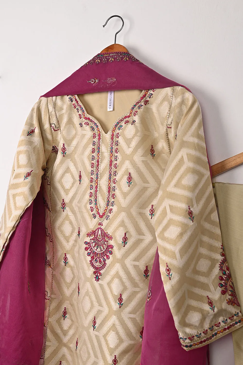 RTW-350-Beige - Womens 3Pc Ready to Wear Jacquard Mysoori Embroidered Dress