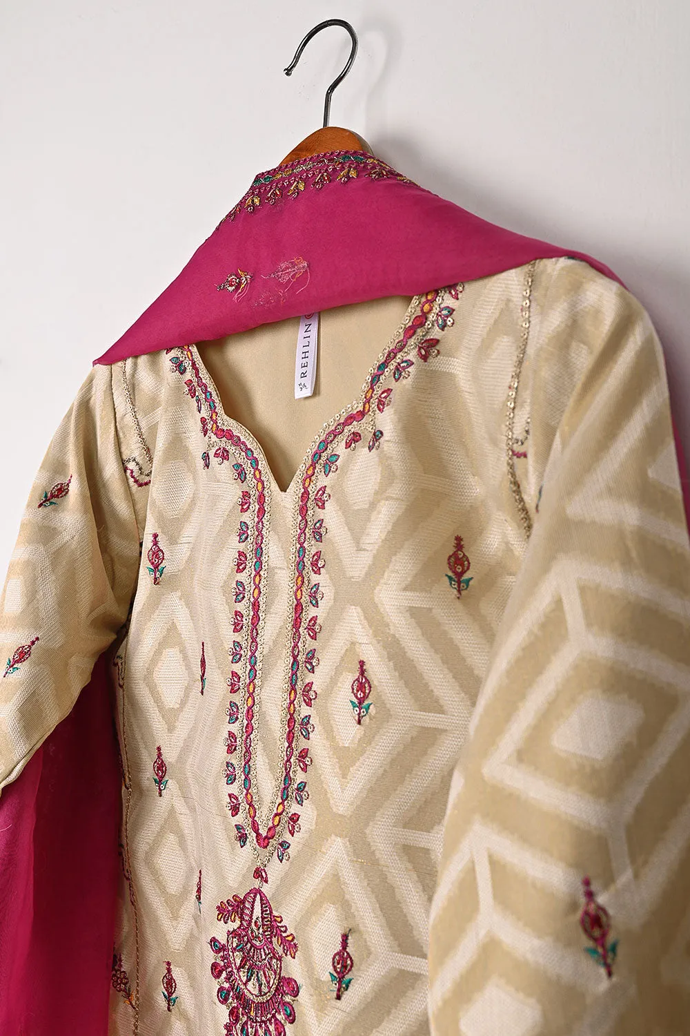 RTW-350-Beige - Womens 3Pc Ready to Wear Jacquard Mysoori Embroidered Dress