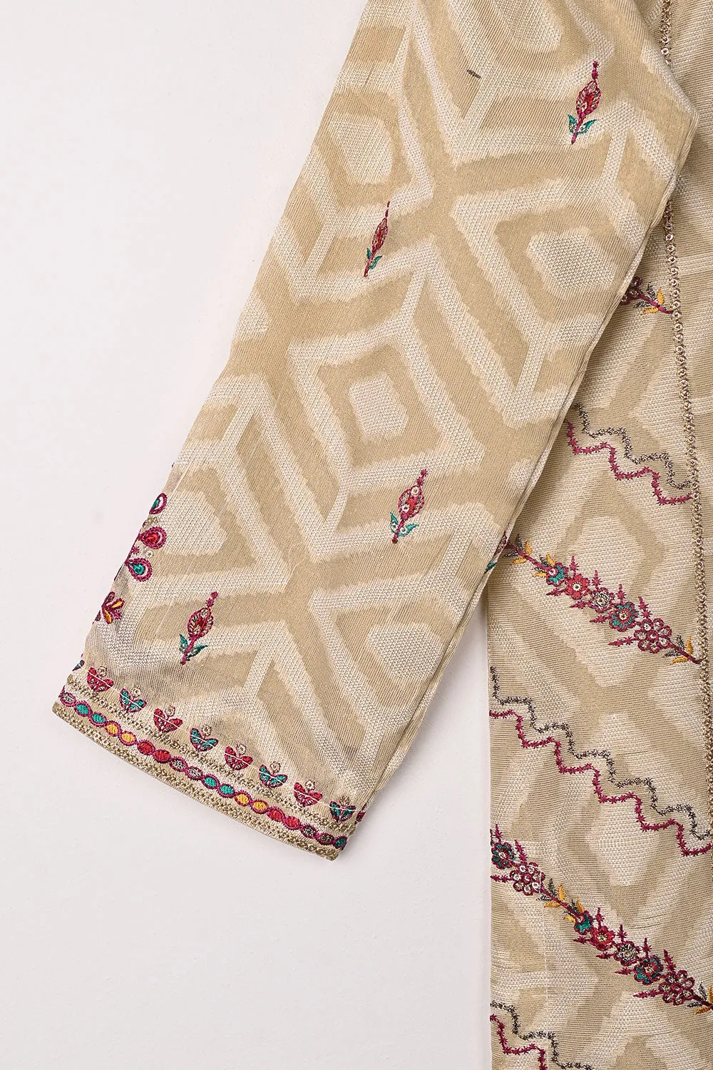 RTW-350-Beige - Womens 3Pc Ready to Wear Jacquard Mysoori Embroidered Dress