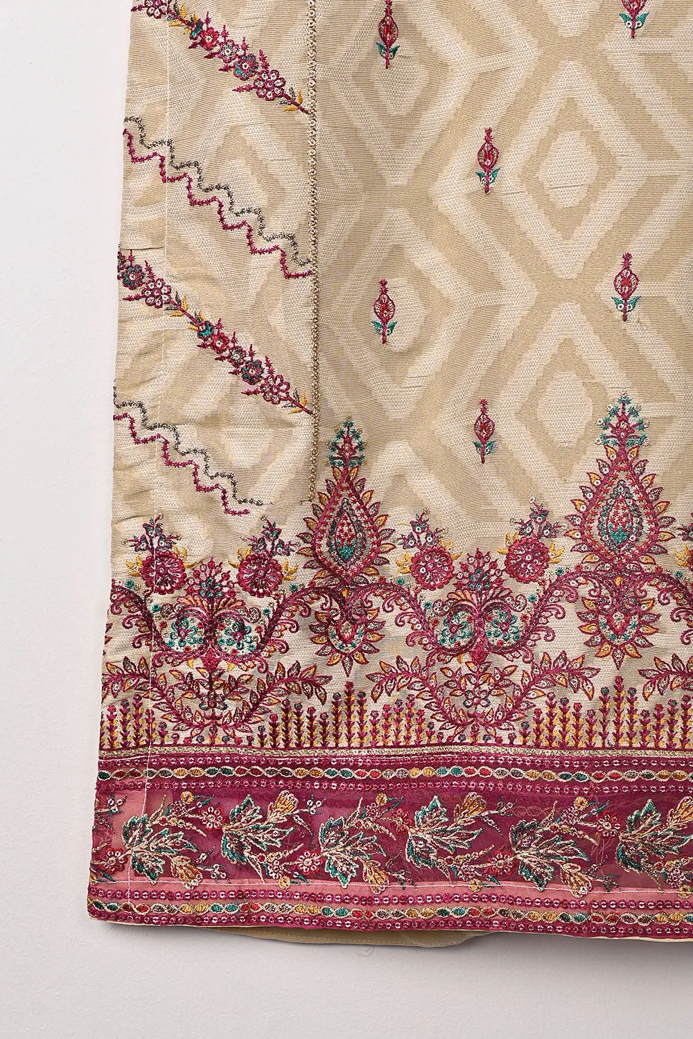 RTW-350-Beige - Womens 3Pc Ready to Wear Jacquard Mysoori Embroidered Dress