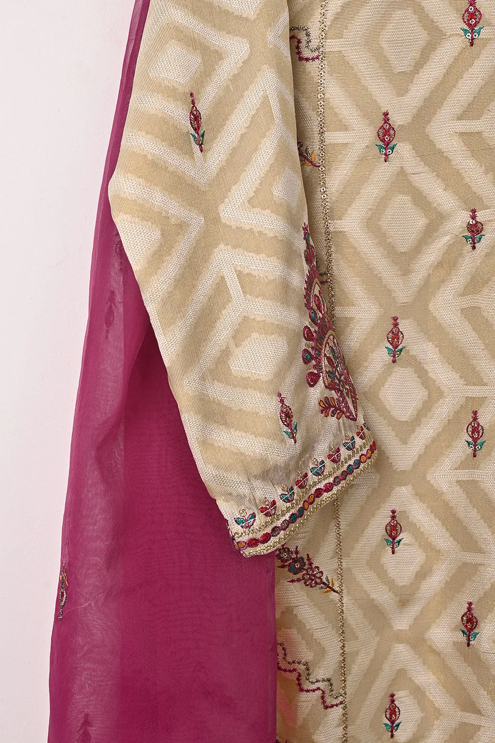 RTW-350-Beige - Womens 3Pc Ready to Wear Jacquard Mysoori Embroidered Dress