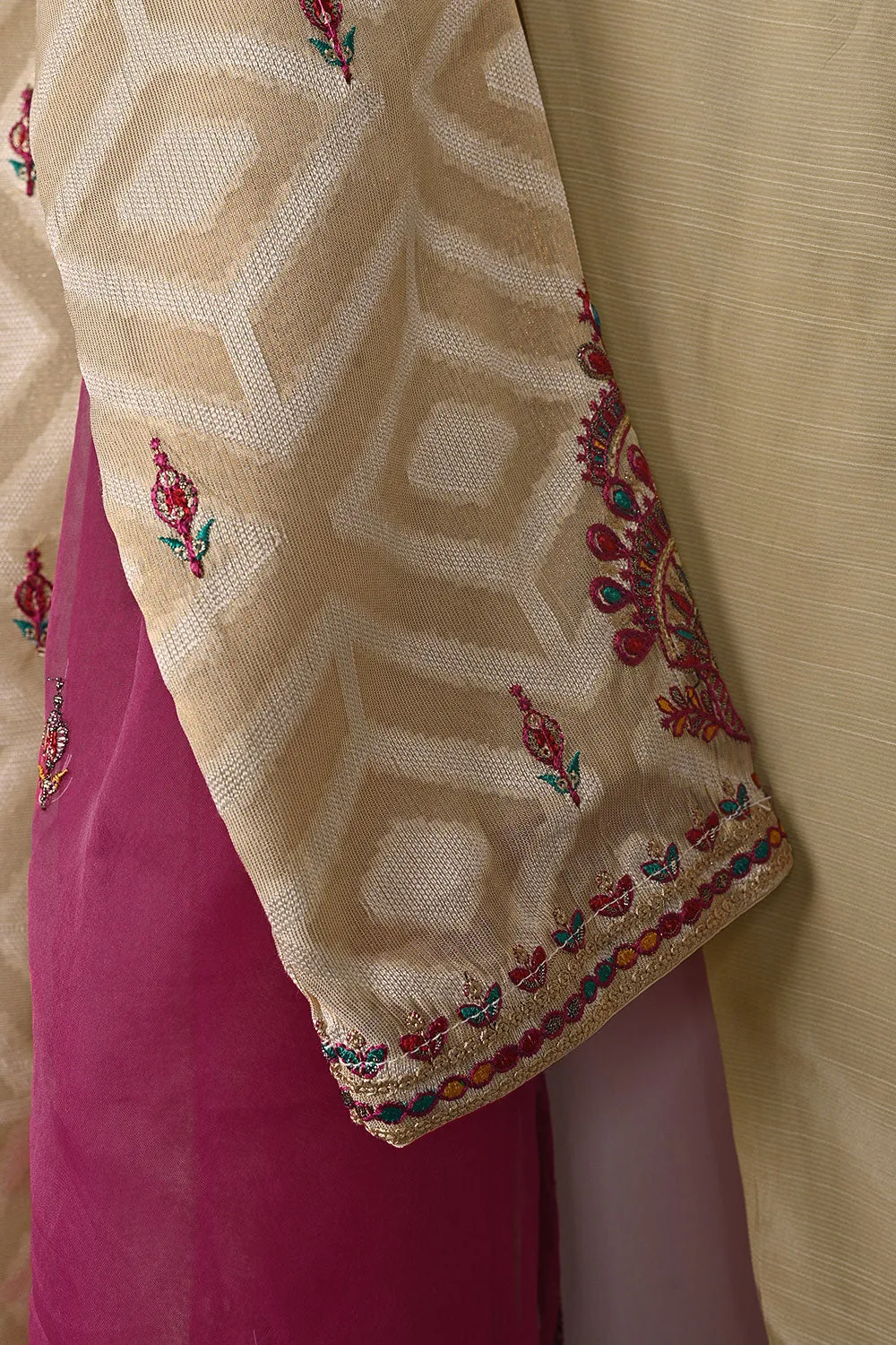 RTW-350-Beige - Womens 3Pc Ready to Wear Jacquard Mysoori Embroidered Dress