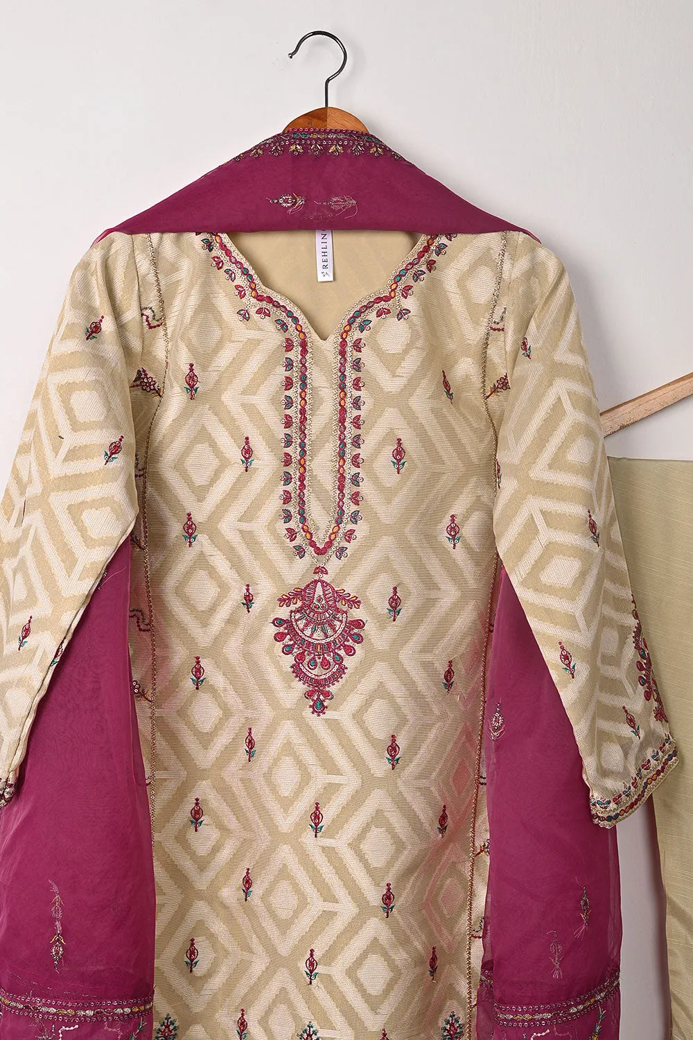 RTW-350-Beige - Womens 3Pc Ready to Wear Jacquard Mysoori Embroidered Dress