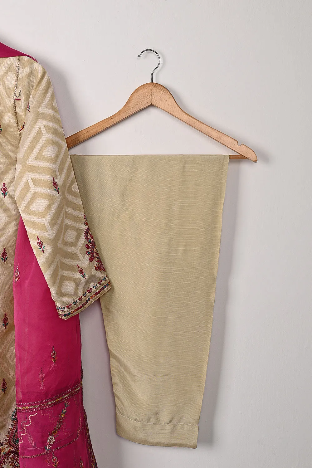 RTW-350-Beige - Womens 3Pc Ready to Wear Jacquard Mysoori Embroidered Dress