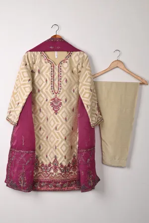 RTW-350-Beige - Womens 3Pc Ready to Wear Jacquard Mysoori Embroidered Dress
