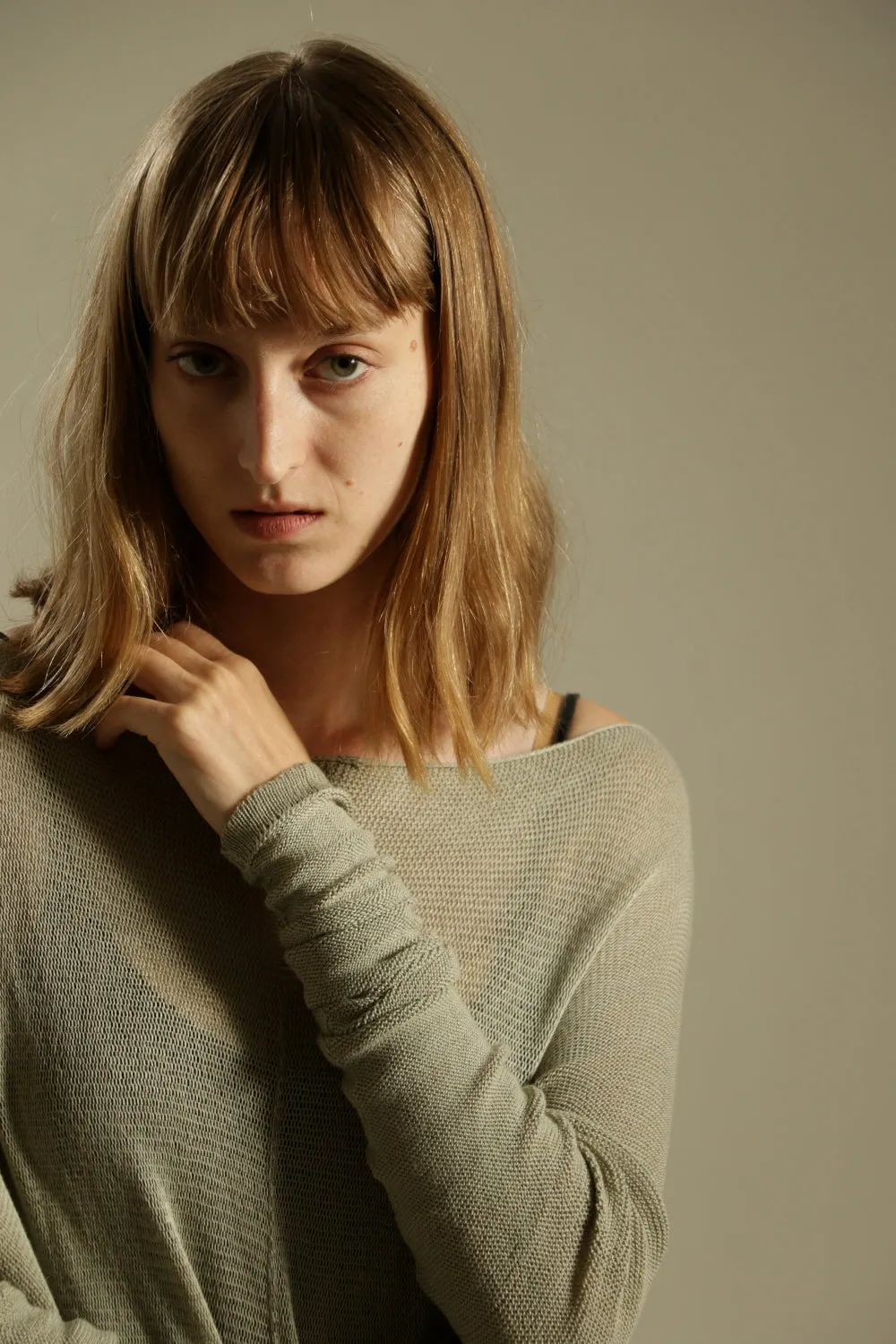 Sage boat neck Oversize Bamboo knitted shirt with Long Sleeves