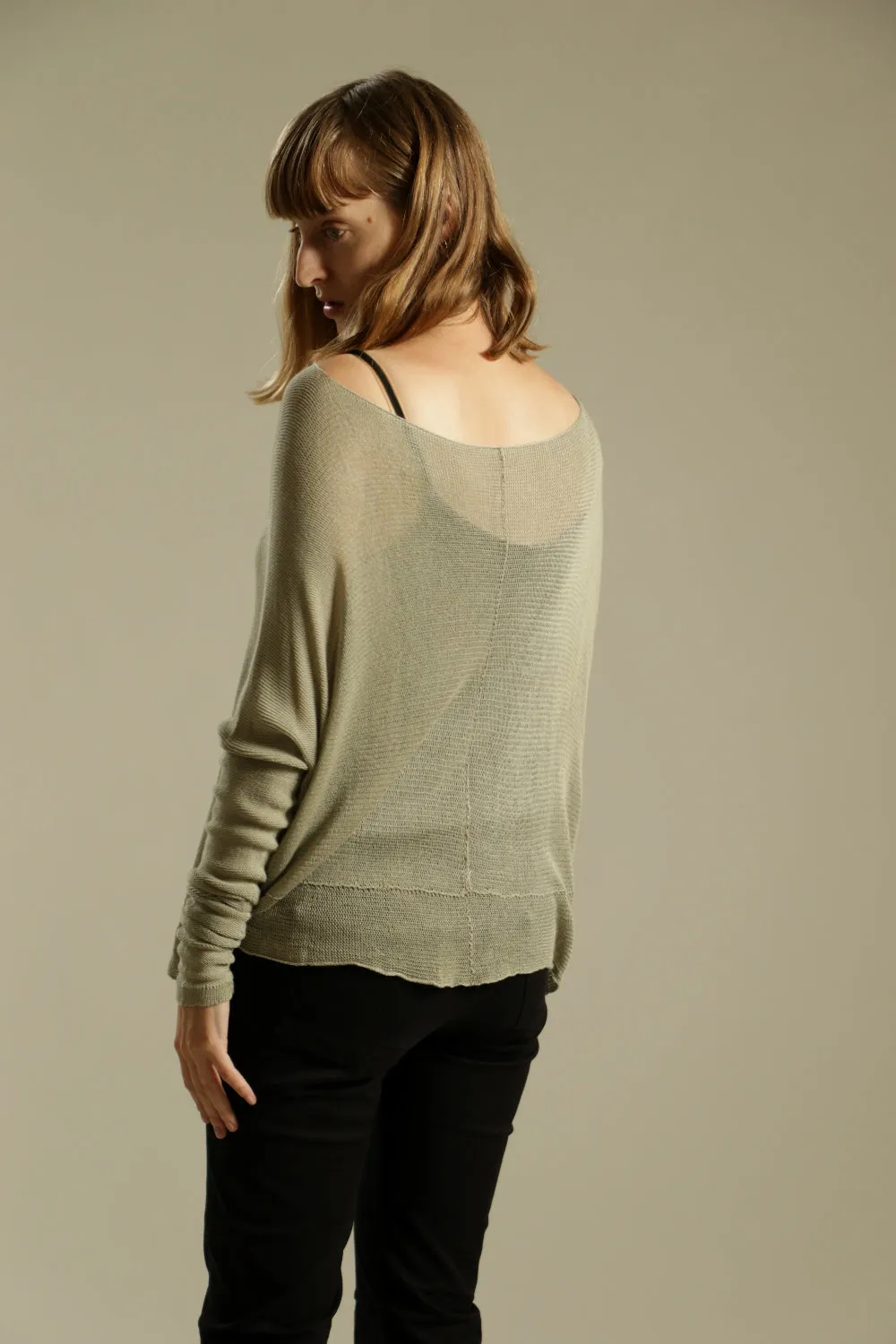 Sage boat neck Oversize Bamboo knitted shirt with Long Sleeves