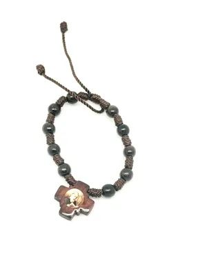 Saint Benedict Cross Brown Cord and Wood Sliding Bracelet