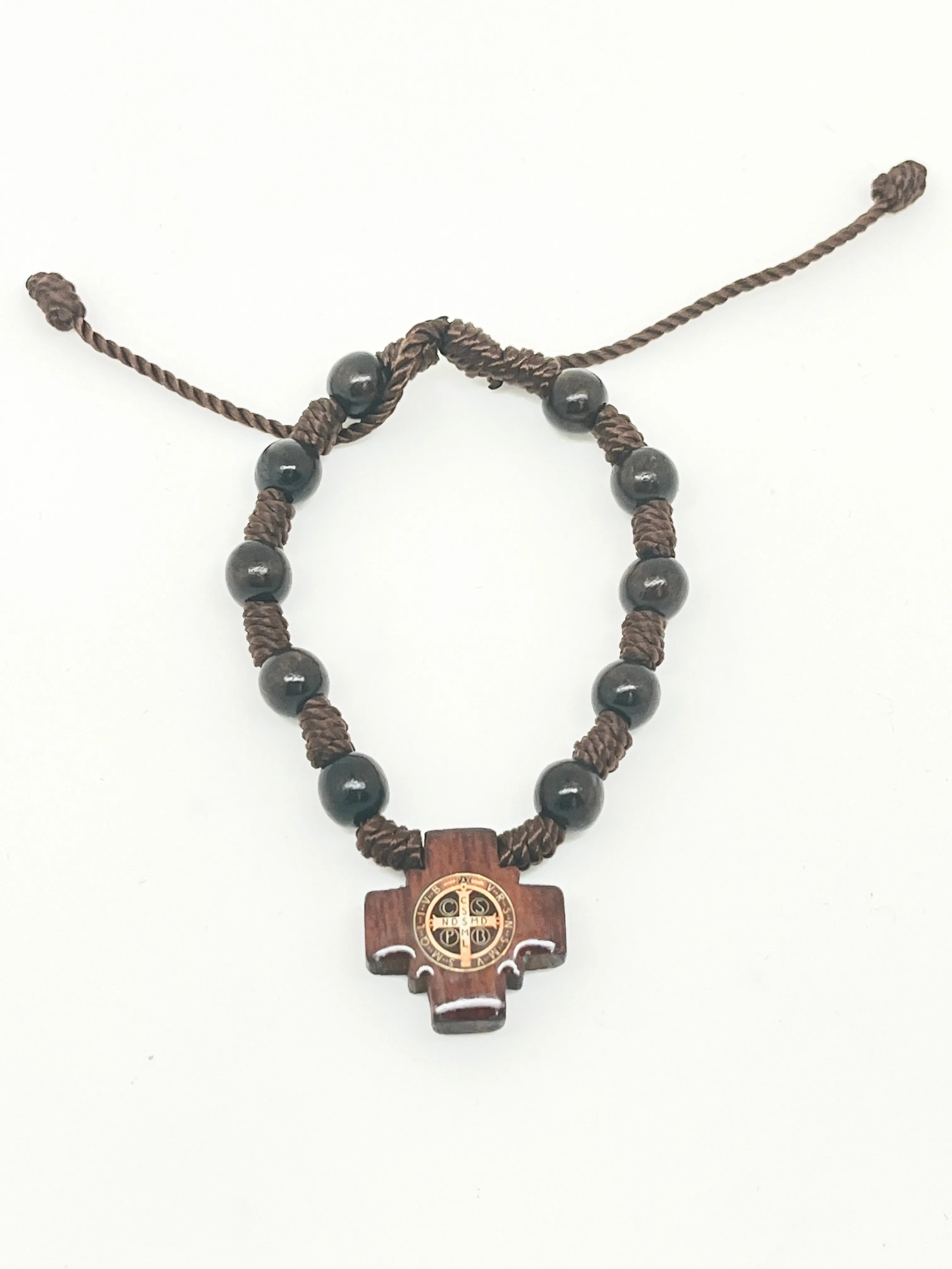 Saint Benedict Cross Brown Cord and Wood Sliding Bracelet