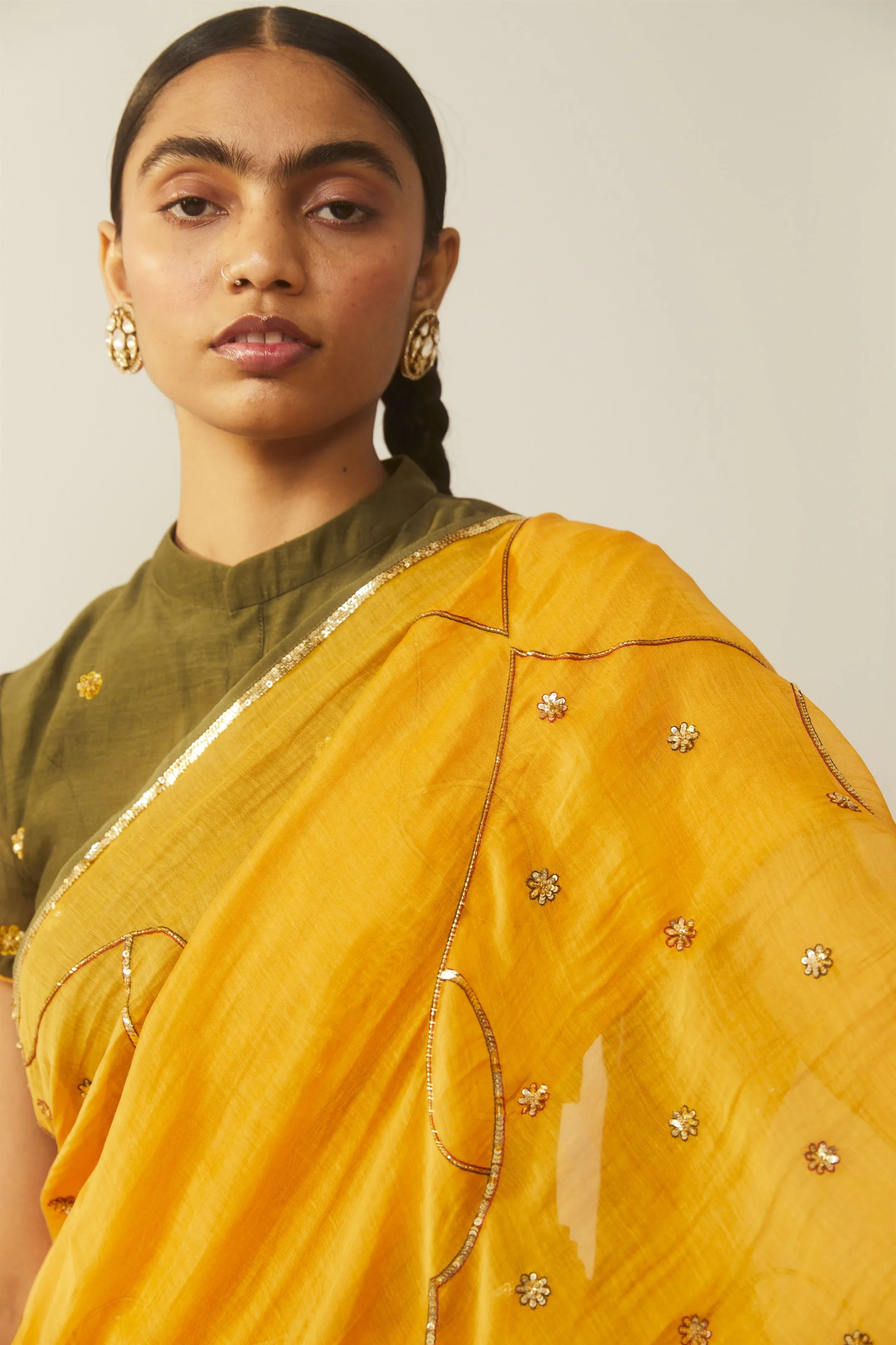 Sarang Kaur Sunnybrook Mango Meenakshi saree Chanderi silk Blouse piece Chanderi silk Bareeki SK01206