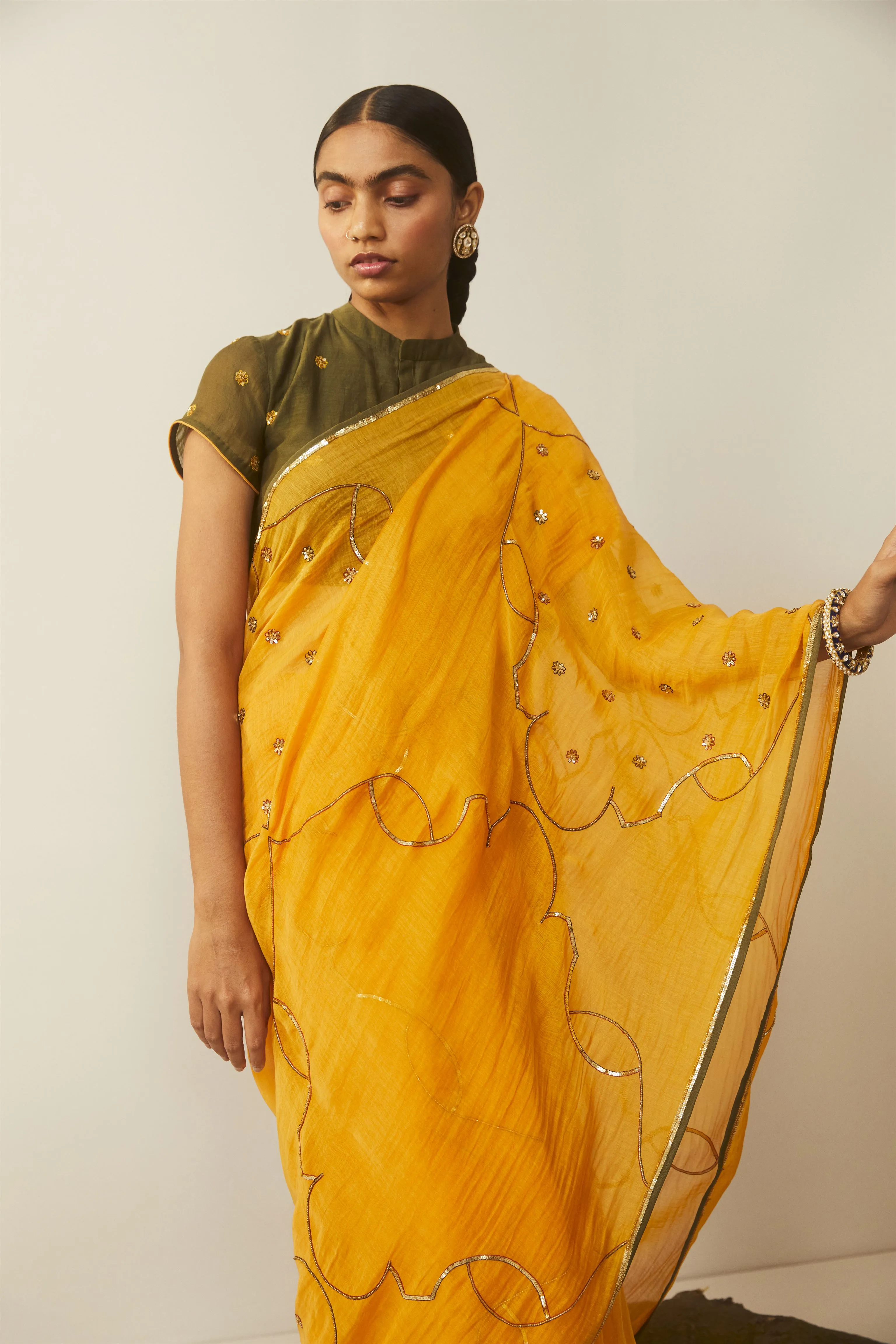 Sarang Kaur Sunnybrook Mango Meenakshi saree Chanderi silk Blouse piece Chanderi silk Bareeki SK01206