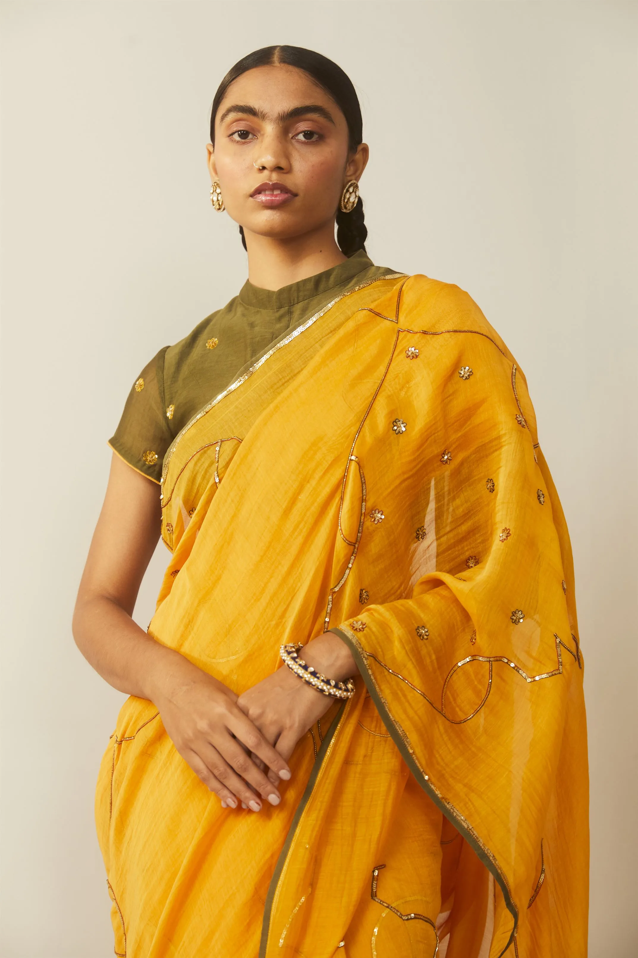 Sarang Kaur Sunnybrook Mango Meenakshi saree Chanderi silk Blouse piece Chanderi silk Bareeki SK01206